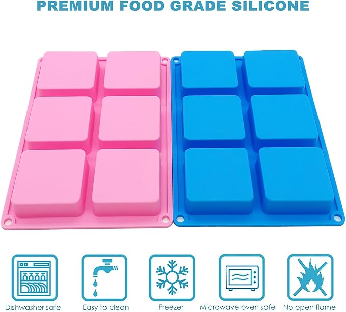 Bangp 4 Pack Square Soap Molds,6-Cavity Non-Stick Silicone Brownie Pan,Square Bar Molds,Square Silicone Molds for Chocolate,Cupcake, Cornbread, Muffin,Soap