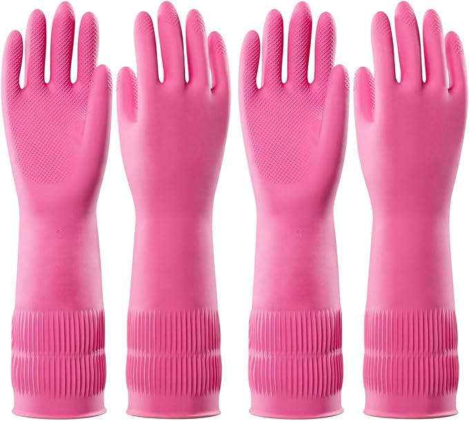 PACIFIC 2 Pairs Reusable Rubber Gloves for Washing Dishes and Cleaning Tasks, Water Resistant Household Gloves for Kitchen Bathroom, Grippy Latex Dish Washing, Pink, Small