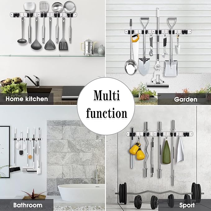 AceMining 5 Racks and 4 Hooks Mop and Broom Holder Wall Mount, Broom Organizer Storage Tool Racks Stainless Steel Heavy Duty Hooks Self Adhesive Solid Non-slip for Home Kitchen Garden Laundry Garage