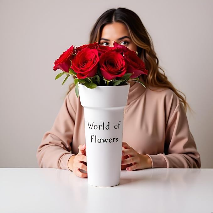 VITAGIR. Set of 6 Buckets for Cut Flowers in Plastic White Matte Color 14 Inch, Flower Buckets for Flower Bar Ideal for Displaying Flowers in Florist Shop or as Home.