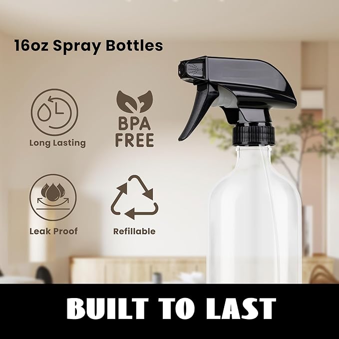 Plastic Spray Bottles 3 Pack, Chemical Resistance Refillable 16 oz Empty Spray Bottle for Cleaning Solution, Durable and Powerful Nozzle, Spray Bottles for Hair, Plants, Cleaner, Oil