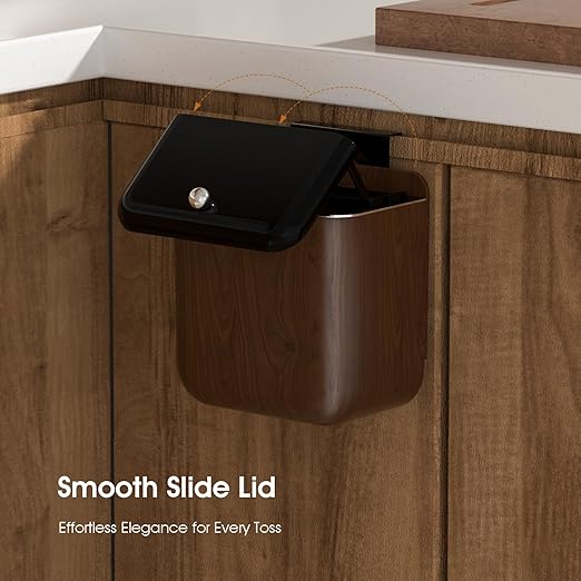 Vintage Kitchen Trash Can with Lid, Large 3.2 Gallon/12 Liter Capacity, Hanging Compost Bin, for Under Sink or Cupboard, Bathroom, Bedroom, Walnut Color