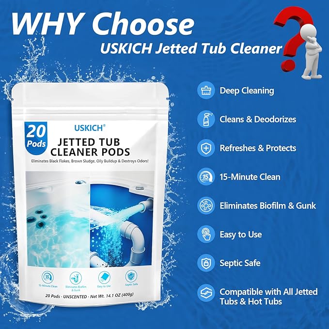 USKICH Jetted Tub Cleaner Bathtub- 20 Pods Jet Bathtub Cleaner,Jetted Tub Cleaning Solution Compatible with Spa Bath & Whirlpool,Septic Safe Bath Jet Scale and Residue Remover-1＋Year Supply