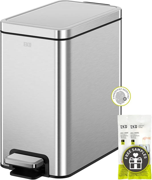 EKO Small Bathroom Trash Can with Lid Soft Close, Step Pedal, 6 Liter / 1.6 Gallon Stainless Steel Garbage Can with Removable Inner Bucket, Anti-Fingerprint Finish (Silver)