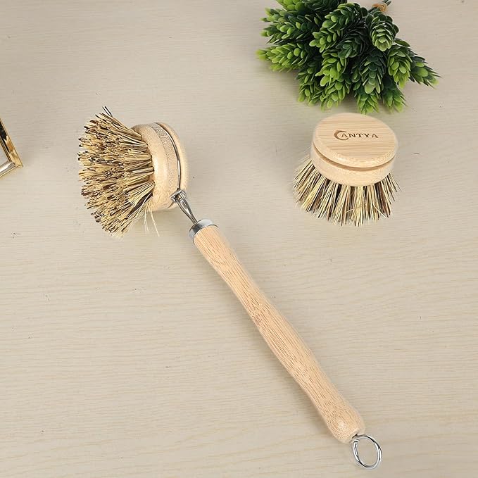 Bamboo Dish Scrubber with Handle - Natural Hard Bristles, Compostable & Sustainable, Kitchen Scrub Brush for Dishes, Pots and Pans