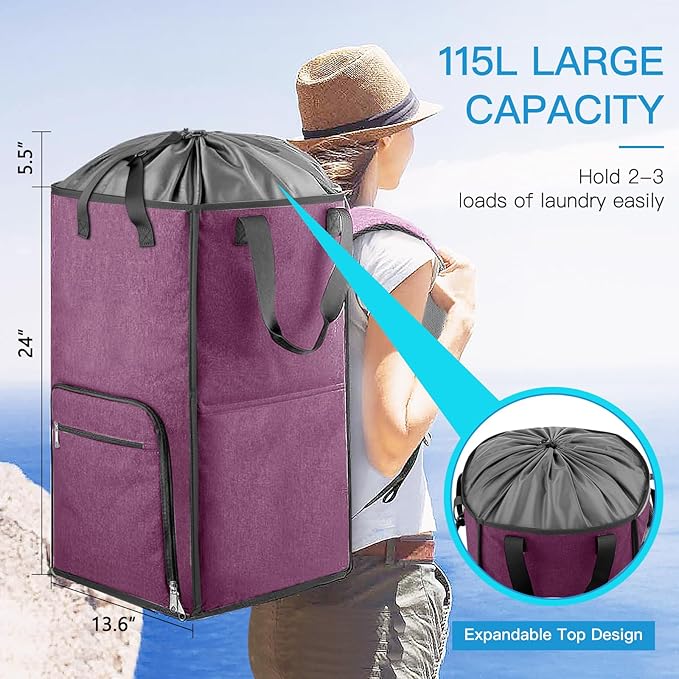 Bukere Laundry Tote Basket, Laundry Backpack Bag for Guys Girls Boys, Collapsible Laundry Hamper for College Dorm Essentials, Portable Laundry Bag for Nursery, Bathroom, Bedroom, Swimming Pool