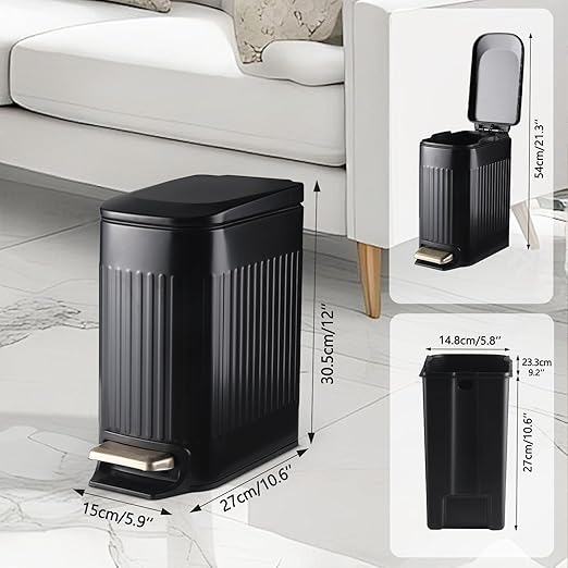 Slim Bathroom Trash Can with Lid Soft Close, Stainless Steel Garbage Can Step Trash Bin with Removable Inner Bucket for Bedroom, Office, Kitchen (Matt Black, 1.8 Gallons)