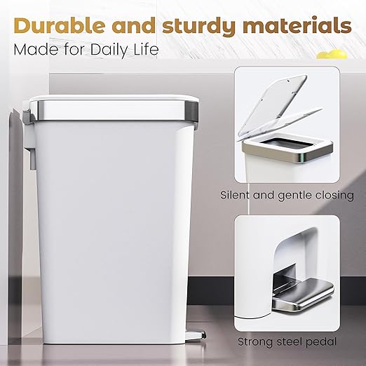Small Bathroom Trash Can with Lid Soft Close, 10 Liter/2.6 Gallon Slim Garbage Can-Metal Step and Press top Lid, Mini Modern Waste Basket for Toilet, Office, Bedroom,Dorm,Grayish-White