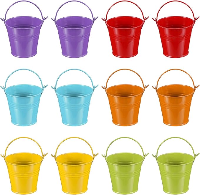 PATIKIL 2.7"x2.3" Small Metal Buckets with Handle, 12 Pcs Mini Galvanized Bucket Colorful Easter Buckets for Crafts Party Favors Decoration, Green/Yellow/Orange/Blue/Red/Purple