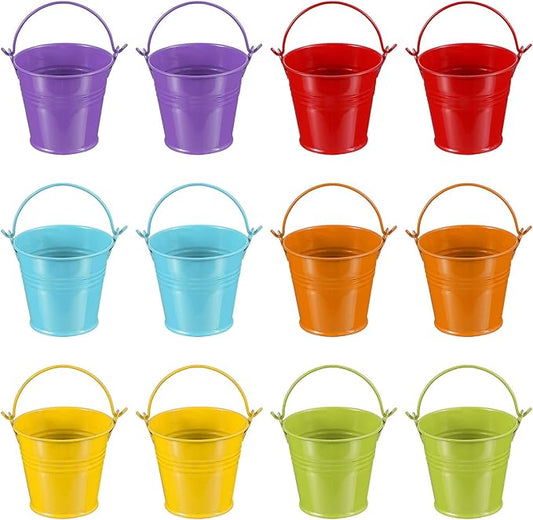 PATIKIL 2.7"x2.3" Small Metal Buckets with Handle, 12 Pcs Mini Galvanized Bucket Colorful Easter Buckets for Crafts Party Favors Decoration, Green/Yellow/Orange/Blue/Red/Purple