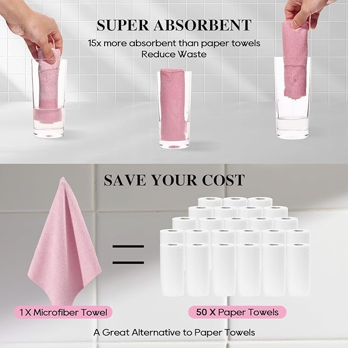 HONOVA Microfiber Cleaning Cloth Roll 45 Pack, 12''×12" Reusable Paper Towels, Tear Away Microfiber Towels, Highly Absorbent, All-Purpose Washable Cleaning Rags for Kitchen, Window, Car, Shop (Pink)