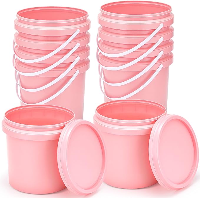 Gerrii 10 Pack Pink 1 Gallon Plastic Bucket with Handle and Lid Food Storage Bucket Containers All Purpose Pail for Paint Water Art Crafts Projects Garage Organization