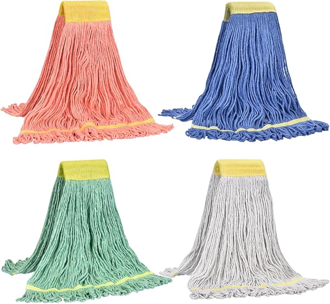 Matthew Cleaning Heavy Duty Mop Head Replacement, 5 Inch Wide Headband, Color Coded Looped End Cotton String Wet Mops for Floor Cleaning, Large Size 24 oz, 4 Pack