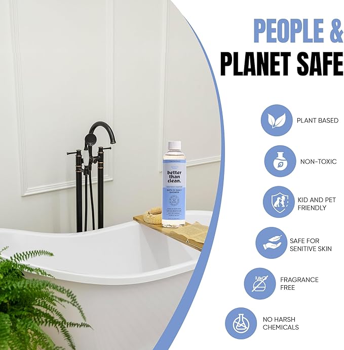 Bath & Daily Natural Shower Cleaner Concentrate - Plant-Based, Fragrance Free Cleaning Products - Hard Water Stain and Soap Scum Remover for Tub & Tile - 8oz Makes 4 Bottles