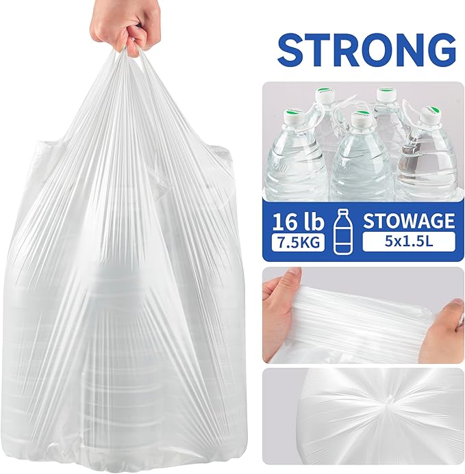 Small Trash Bags with Handles 3 Gallon 50 Count White - Ocean Plastic Upcycling - Plastic Garbage Bags, Can Bin & Waste Basket Liner for Kitchen, Bathroom, Office and Pets