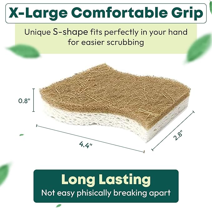 Natural Sponges Kitchen - 6 X-Large Biodegradable Non-Scratch Dish Scrubber, Multipurpose Compostable Sponges for Dishes, Cleaning Scrub Sponge Brush for Dishwashing