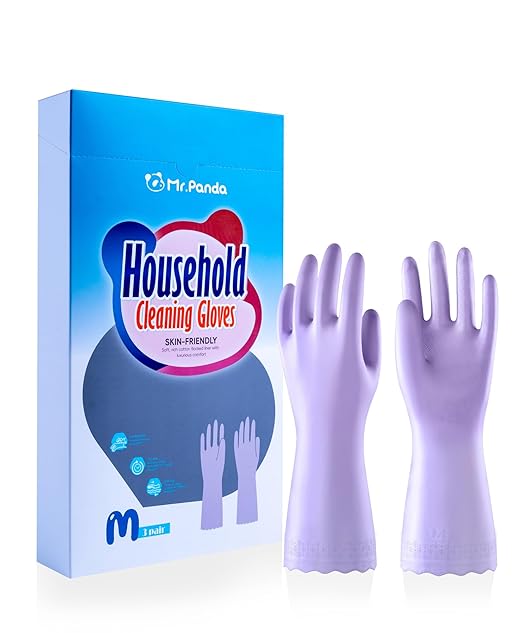 Mr.Panda 3 Pairs Skin-Friendly Flocked Cotton Liner Cleaning Gloves Small, Reusable Dishwashing Gloves for Washing Dishes, Kitchen, Shimmering Pink