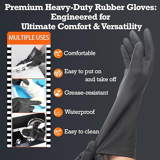 Thick Rubber Cleaning Gloves - 1 Pair Black Rubber Gloves for Dishwashing Medium, Non-Slip Kitchen Gloves for Washing Dishes, Reusable Cleaning Gloves, Waterproof, Heavy-Duty (1P,M)