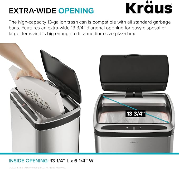 Kraus GarbagePro Rectangular 13 Gallon Hands-Free Motion Sensor Trash Can Battery Operated in Matte Black Finish with SoftShut Touchless Lid, KTCS-10MB