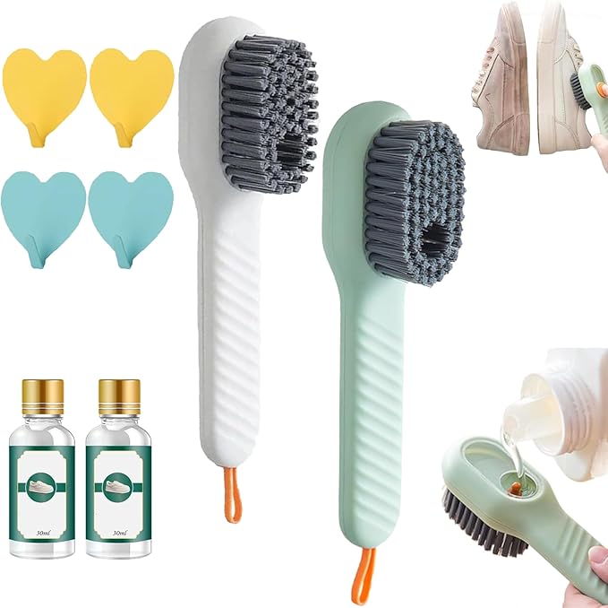 2 in 1 Multifunction Cleaning Brush, Multifunctional Cleaning Brush with Soap Dispenser, Liquid Filled laundry Brush, Household Cleaning Clothes Shoes Brush with Liquid Box (Green+White)