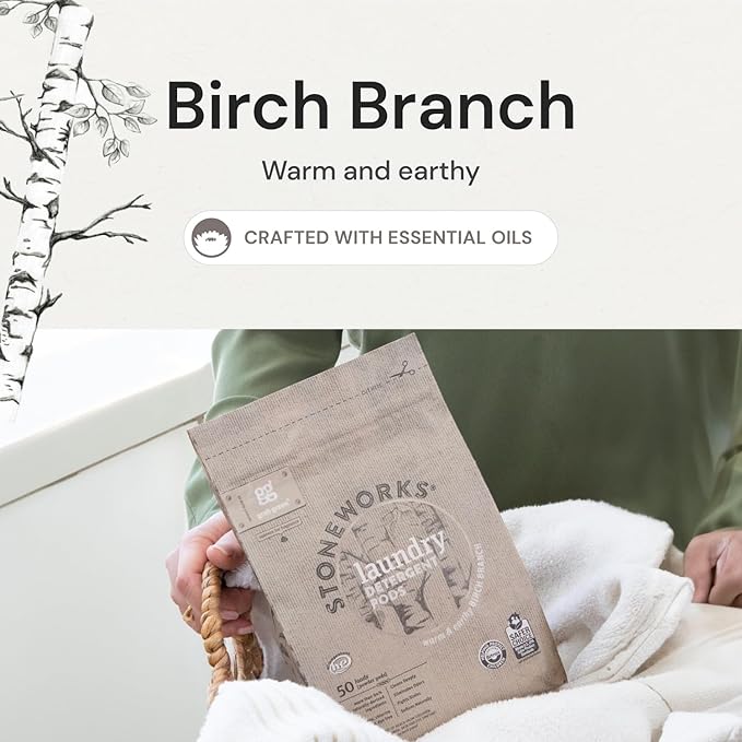 Grab Green Stoneworks Laundry Detergent Pods, 100 Count, Birch Branch Scent, Plant and Mineral Based, Cleans Deeply, Eliminates Odors, Fights Stains,