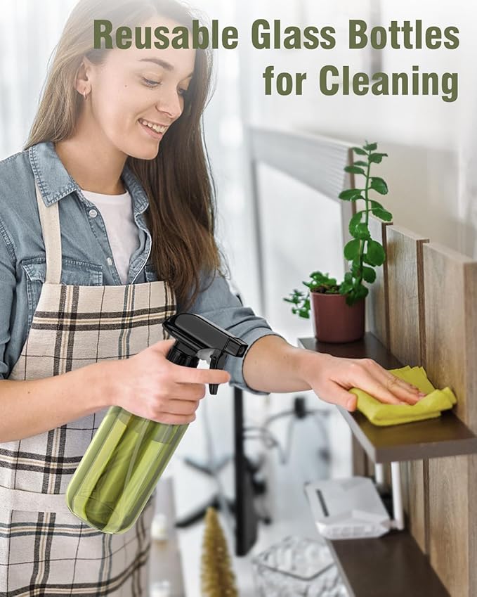 Glass Spray Bottle, Olive Green Glass Spray Bottle Set & Accessories Refillable for Plants Window Cleaners Aromatherapy Facial Hydration Watering Flowers Hair Care (2 Pack/16 oz) (Olive Green