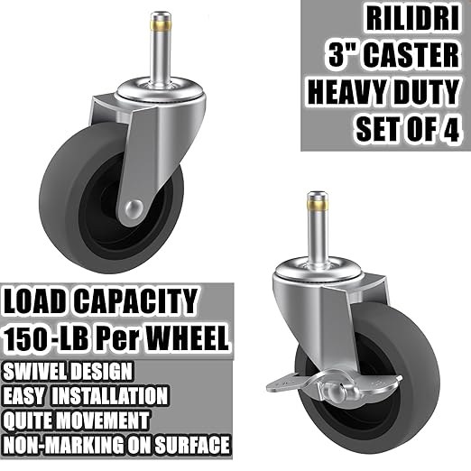 3-Inch Swivel Stem Caster for Rubbermaid Mop Bucket Utility Cart, 7/16-Inch Stem Diameter Rubber Wheel Set of 4, Heavy Duty TPR Weber Grills Shop Vac Replacement Wheels