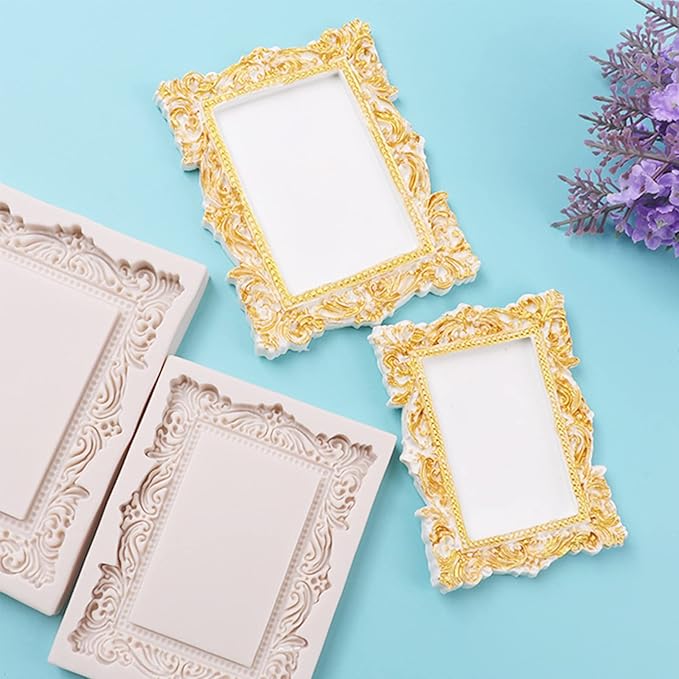 Baroque Photo Frame Fondant Molds, 2 Pcs Cake Decorating Silicone Molds for Candy Chocolate, Sugar Craft Paste, Cupcakes, Wedding Sets, Christmas Thanksgiving Cake Decorating, Clay, Epoxy Projects