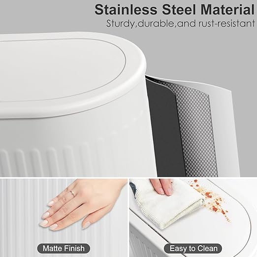 Anzoymx Bathroom Trash Cans White Stainless Steel Small Garbage Can with Pop up Lid, 1.8 Gallons Dog Proof Narrow Wastebasket, Slim Litter Trash Bins for Bedroom, Toilet, Office