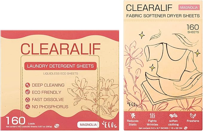 CLEARALIF All in One Laundry Detergent Sheets Kit, Magnolia Scent, 160 Loads Laundry Sheets + 160 Drying Sheets, Laundry Set Great for Travel, Softener Sheets Eco Package Friendly & Hypoallergenic