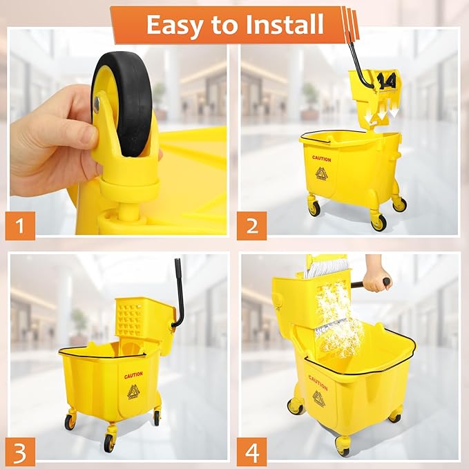 38 Qt Commercial Mop Bucket with Side Press Wringer on Wheels,Yellow Industrial Mops and Bucket Set for Floor Cleaning,Including 1 Industrial Mop and Wet Floor Caution Sign,Beyoco