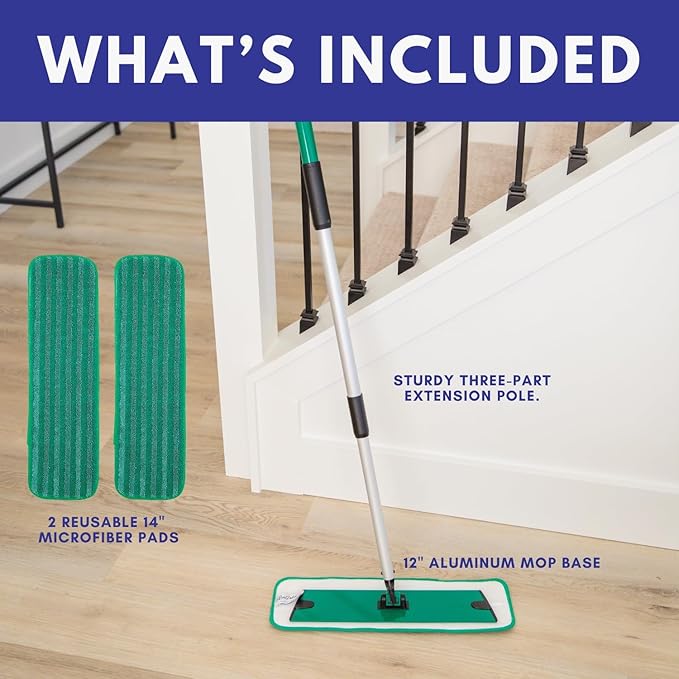 Don Aslett's 12" Mop with 2 Reusable Microfiber Pads | Bathroom or Kitchen | 360° Rotating Head | Machine Washable | Extending Pole