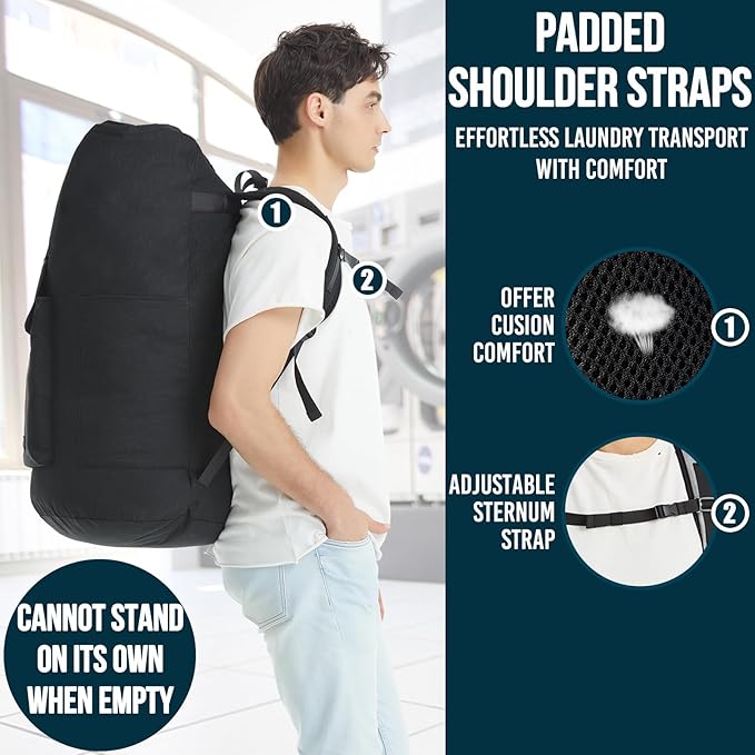 Laundry Backpack Bag, 115L Extra Large Laundry Bag with Straps, Heavy Duty Laundry Backpack with 4 Pockets, Sturdy College Backpack Laundry Bags, XL Laundromat Bags for College Dorm Room, Apartment