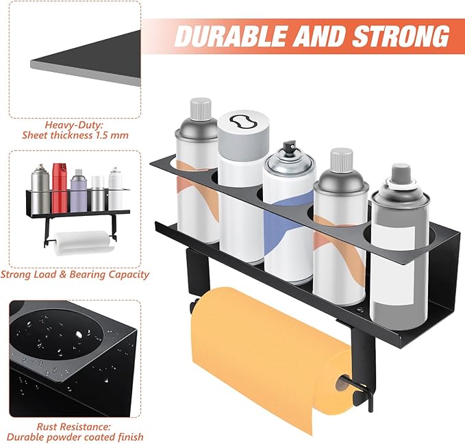 RealPlus Aerosol Spray Can Holder with Paper Towel Holder, 5 Cans Wall-Mounted Heavy-Duty Steel Spray Bottle Holder Rack Organizer for Garage and Workspace, Pack of 3