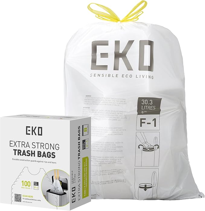 EKO 8 Gallon / 30.3 Liter,100 Count Drawstring Trash Bags, Extra-Strong Unscented Garbage Bags, Easy-Dispense Roll for Kitchen & Household Use, Resists Tears, Leaks and Punctures, Code F-1, White