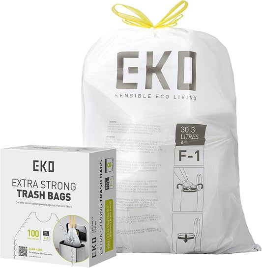 EKO 8 Gallon / 30.3 Liter,100 Count Drawstring Trash Bags, Extra-Strong Unscented Garbage Bags, Easy-Dispense Roll for Kitchen & Household Use, Resists Tears, Leaks and Punctures, Code F-1, White