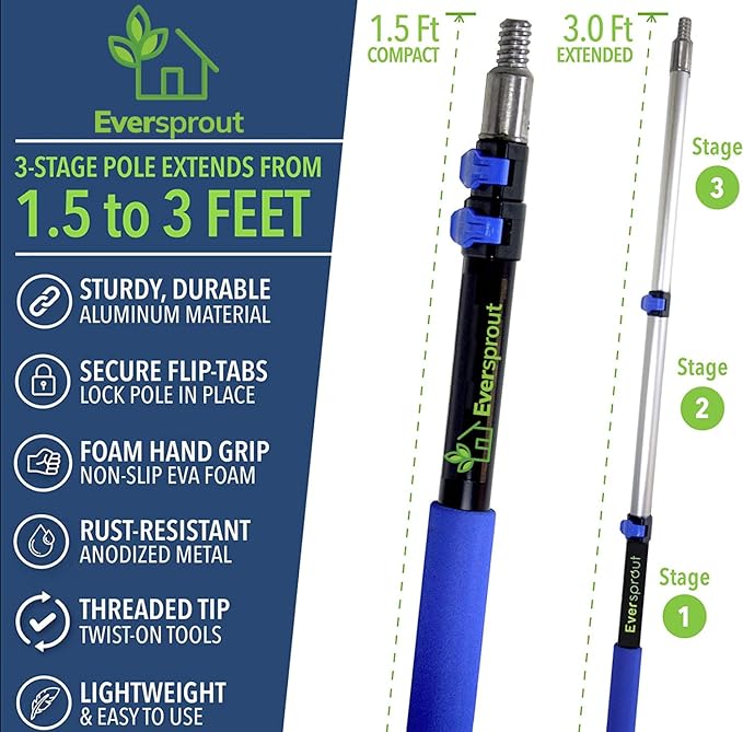 EVERSPROUT 1.5-to-3 Ft Duster 3-Pack with Extension-Pole (8-10 Ft Standing Reach) | Hand-Packaged Cobweb Duster, Microfiber Feather Duster, Flexible Microfiber for Ceiling & Fan | Telescopic Pole