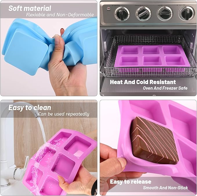 Sakolla 2 Pack Silicone Soap Molds for Soap Making, Reusable 6 Cavity Square Silicone Molds for Homemade Soap, Cake, Bread, Ice Cube