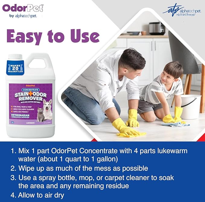 OdorPet Pet Stain Remover and Odor Eliminator - 64 Oz (Makes 2.55 Gallons of Working Solution) Non Staining, Professional Strength, Lavender Scent by Alpha Tech Pet