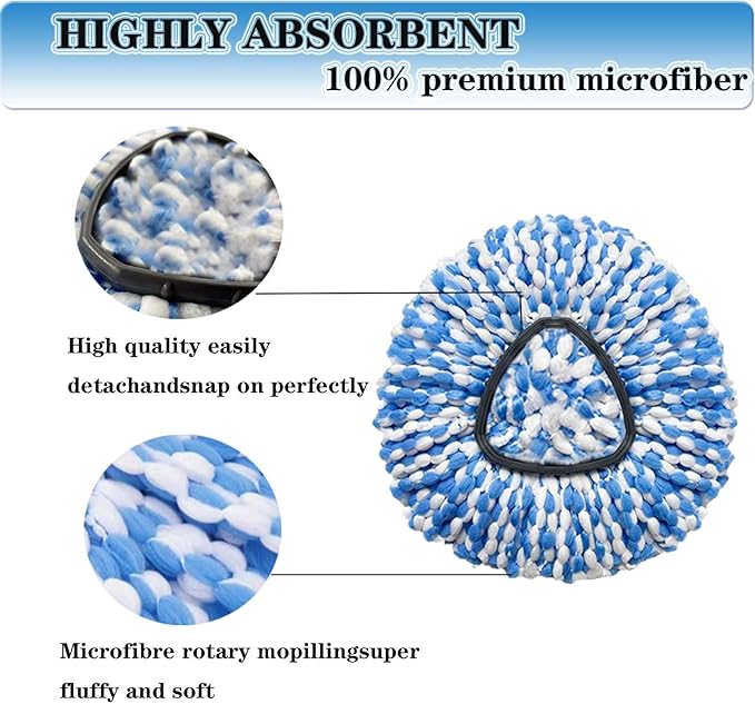 Spin Mop Replace Heads for O Cedar Rinse Clean 2 Tank System, Spin Mop Replacement Head 2 Microfiber Mop Refills, 1 Triangle Head Cover and 30-58in Handle