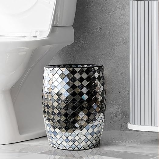 Escenzy Modern Bathroom Trash Can Mosaic Glass 5L | Decorative Small Garbage Can | 7" x 10" | Luxury Waste Basket for Restroom, Office, Bedroom & Kitchen | Shiny Black and Gold Bathroom Accessories