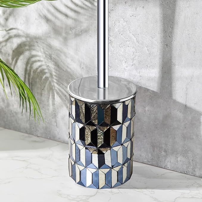 Escenzy Cute Toilet Brush and Holder Set Mosaic Glass | Non-Rustic Stainless Steel | Practical & Decorative Toilet Bowl Brush and Holder | Luxury Black and Gold Bathroom Accessories (Latest)