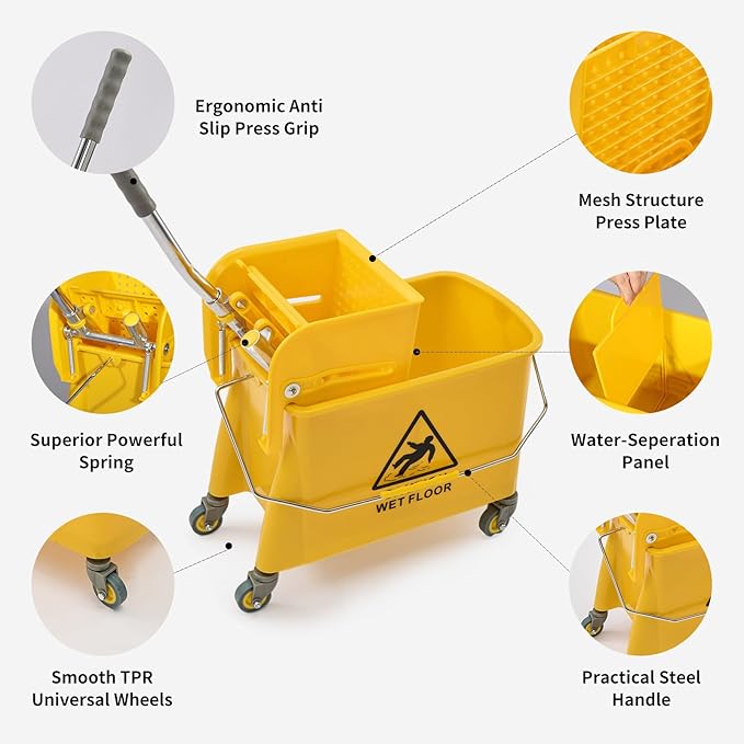 22 Qt (5.5 Gallon) Mop Bucket with Wringer for Floor Cleaning, Handle, Wheels, 16.5" L x 10.6" W x 26.4" H, Yellow,Add One Loop-end String Mop