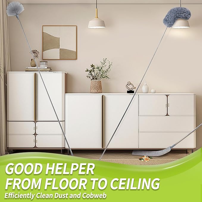 Duster with Extension Pole, Skinny Duster/Under Appliance Cleaning Tool & Spider Web Brush & Ceiling Cleaner, 100" Microfiber Feather Cleaner with Washable Head for Fan Furniture Wall
