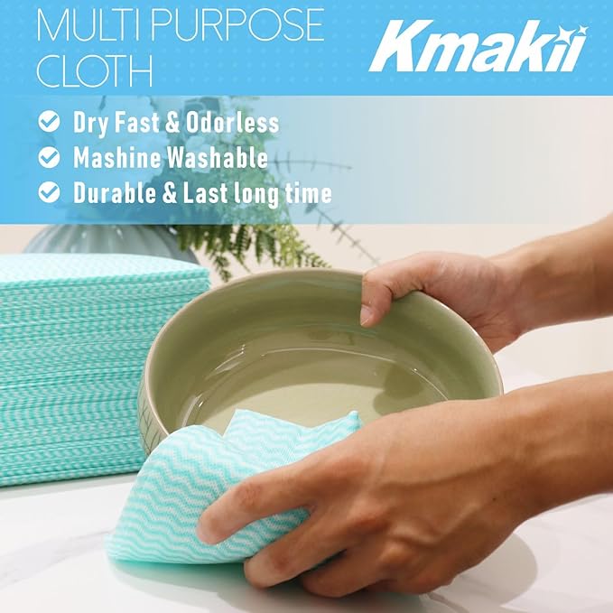 KMAKII Handi Wipe Reusable Cloths - Multi-Purpose Cleaning Cloths and Towels, Absorbent, Quick-Dry, Durable Wipes for Kitchen and Home, Green, 11.8 x 21 inches, Pack of 40