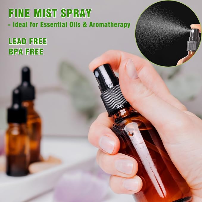 2oz Amber Glass Spray Bottles for Essential Oils, Hair, Skincare, Cleaning & Travel,4-Pack Small Empty Spray Bottle