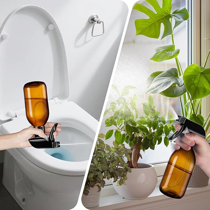 Tecohouse Amber Glass Spray Bottles 8oz, 2 Pack 360° Water Spray Bottle for Cleaning Upside Down Spray Bottles Mister Squirt Bottle with Adjustable Nozzle for Hair, Plant, Pet
