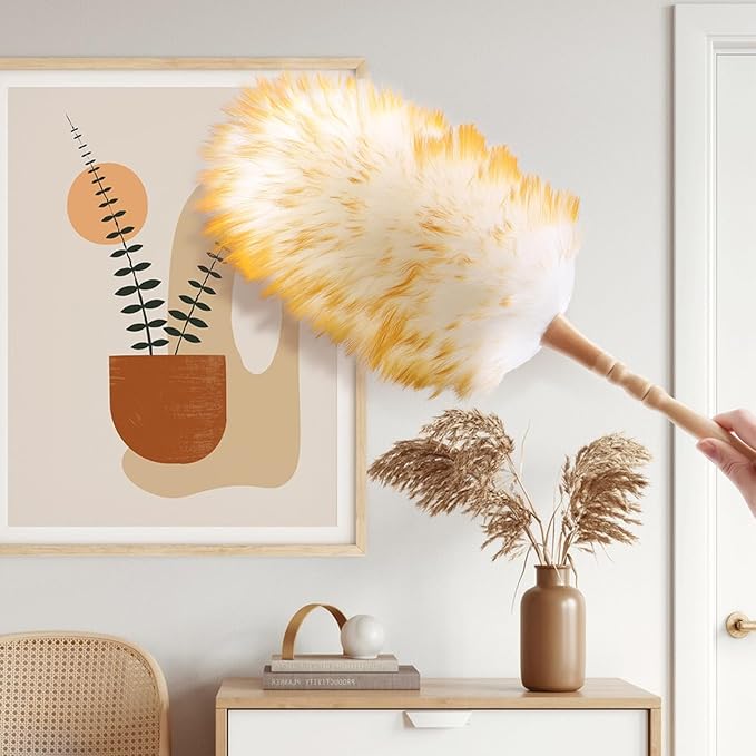 Lambswool Duster with Solid Wooden Handle,Leather Hang Strap,Comfortable Grips 19.6 inch Long Natural Feathers Dusters for Cleaning Wall Plant Desk Blind Cleaner Duster Tool
