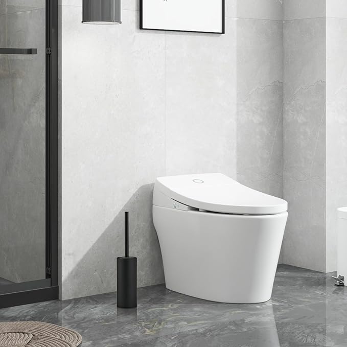 304 Stainless Steel Toilet Bowl Brush and Holder Set, Circular Floor Toilet Brush Holder, Long Handle, Bathroom Heavy-Duty Cleaner, High-End Cylinder Wall (Black) YIGUANXIN