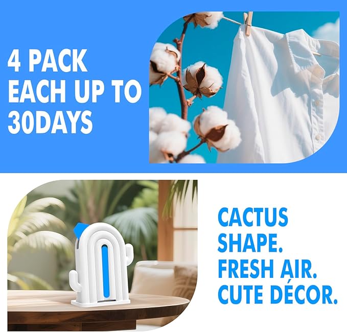Air Freshener for Home, 2 Pack, 2 Refill, Linen Scent, Odor Eliminator, Up to 120 Days, Cactus-shaped Freshener for Closet Bathroom, Cute Home Decor, White